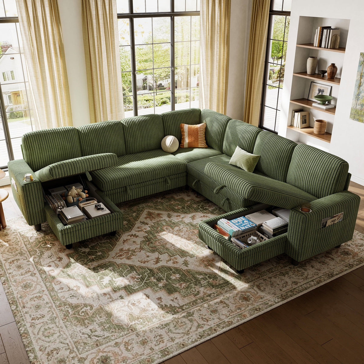 Linsy Home Storage Sectional Sleeper Sofa with Pull Out Bed, 9 Seat Modular Sectional Sofa with with USB & Cup Holder, Plush Corduroy Sectional Couches for Living Room, Green
