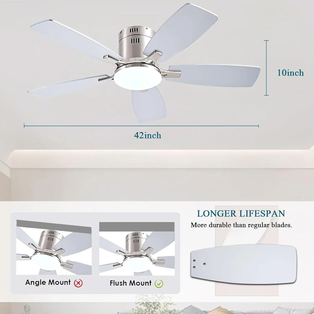 42 Inch Low Profile Ceiling Fans with Lights and Remote, Flush Mount Modern Ceiling Fan, 3 CC T DC Ceiling Fan for Bedroom, Living Room, Brushed Nickel