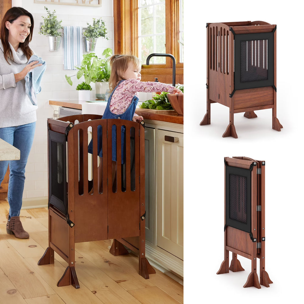 Guidecraft Contemporary Kitchen Helper Step Stool - White: Adjustable, Folding Montessori Toddler Tower - Safety Learning Furniture
