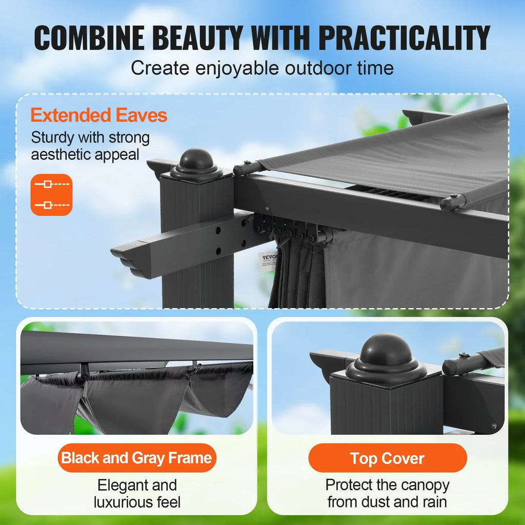 VEVOR 10'x10' Outdoor Retractable Pergola with Canopy, Aluminum Pergola with Retractable Canopy, Modern Pergola with Sun Shade Canopy for Patios, Gardens, Decks, Backyards (Gray)