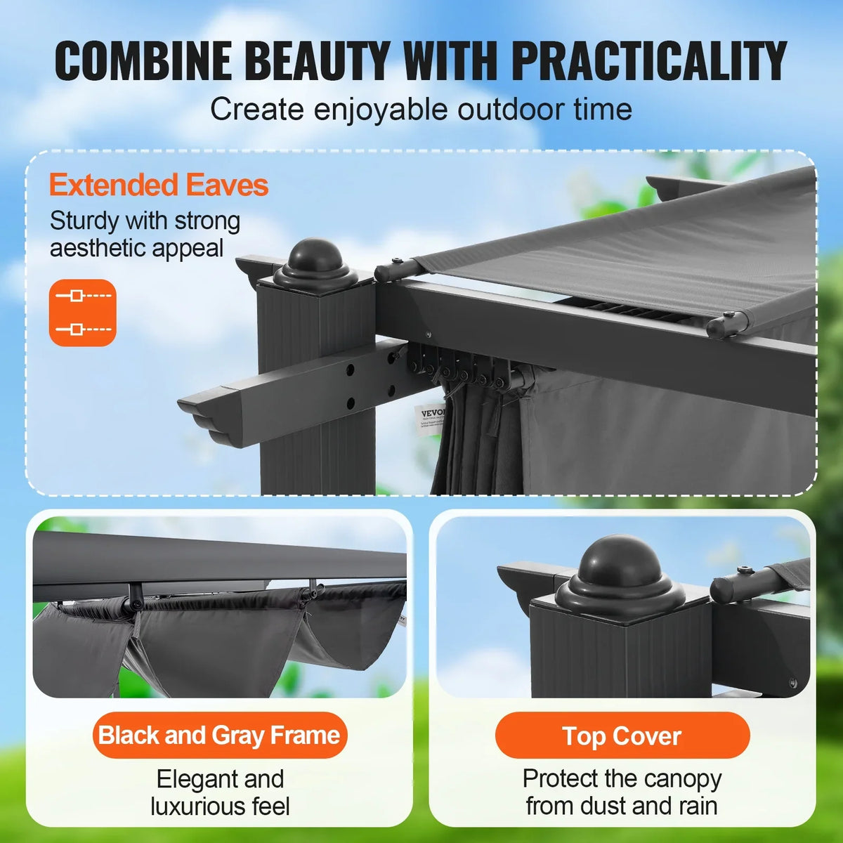 VEVOR 10'x10' Outdoor Retractable Pergola with Canopy, Aluminum Pergola with Retractable Canopy, Modern Pergola with Sun Shade Canopy for Patios, Gardens, Decks, Backyards (Gray)