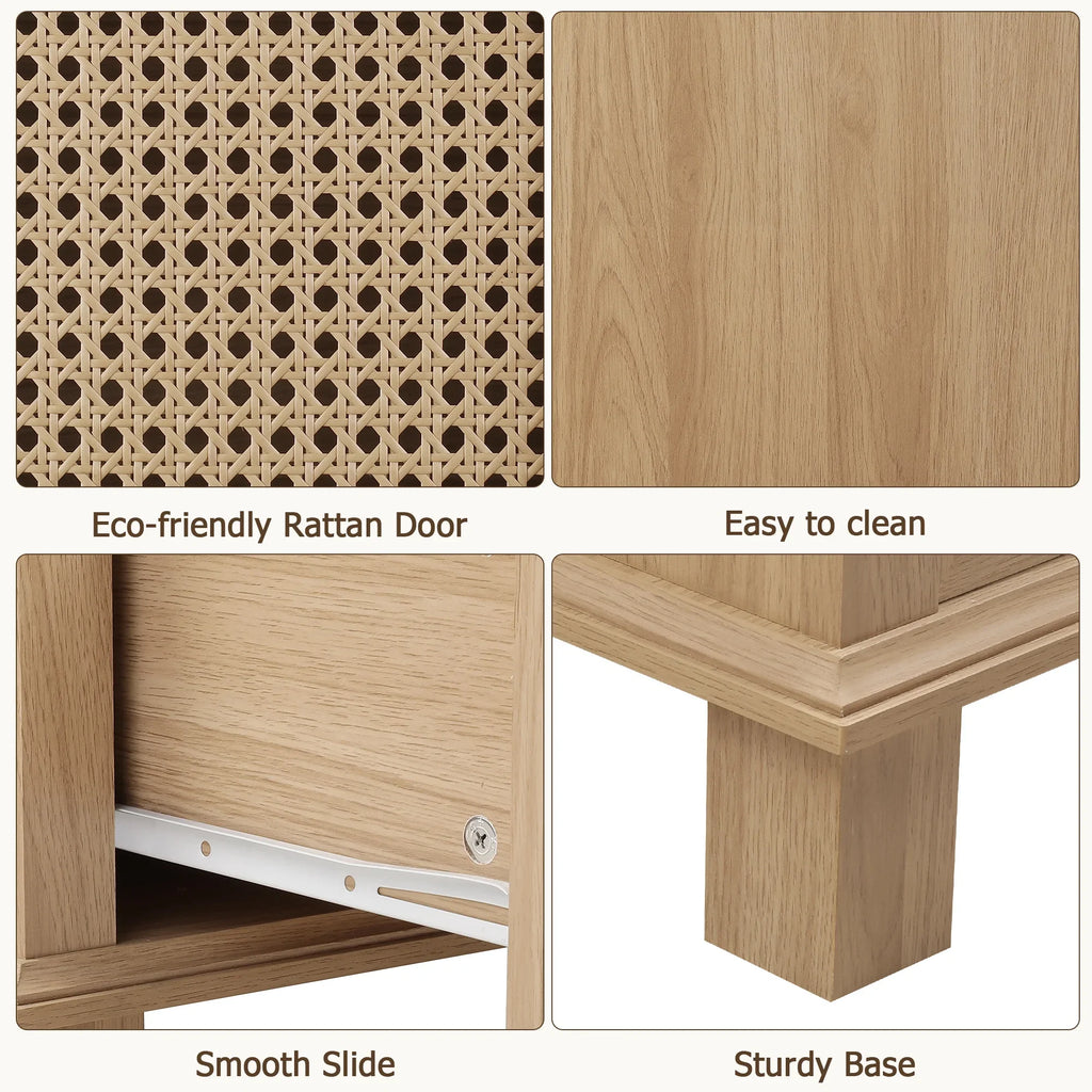 Homfa Bathroom Cabinet with Rattan Doors, Rattan Linen Storage Cabinet with 2 Drawers, Oak