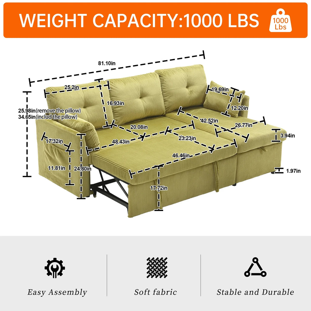 Villeston L-Shaped 3-Seat Sofa with Pull-Out Bed, with Storage Chaise Couch for Living Room, Chenille Fabric,Olive