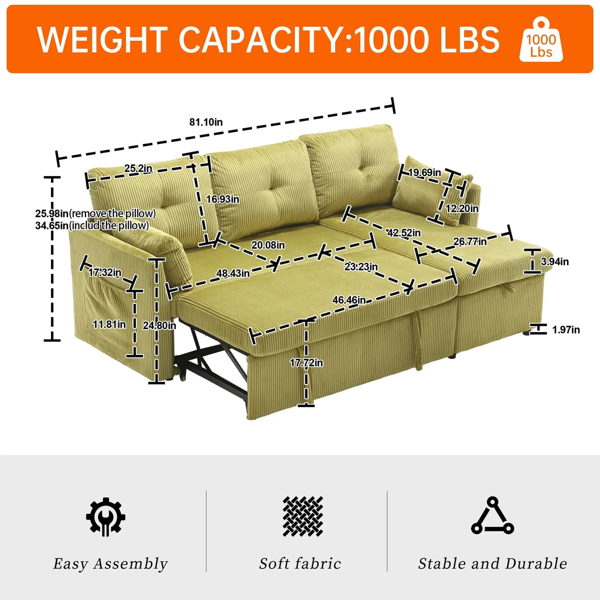 Villeston L-Shaped 3-Seat Sofa with Pull-Out Bed, with Storage Chaise Couch for Living Room, Chenille Fabric,Olive