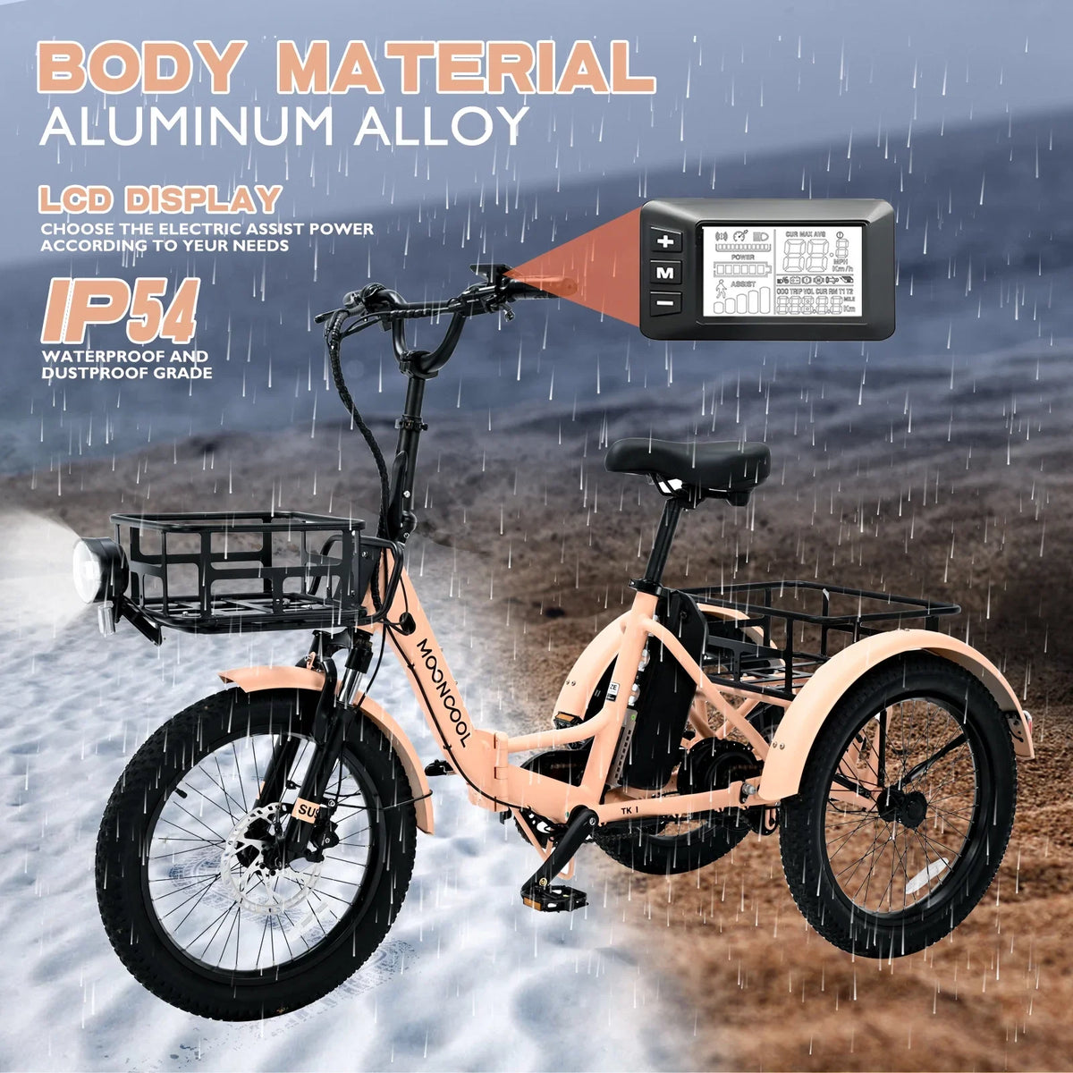 MOONCOOL TK1 Folding Electric Tricycle for Adults,48V 14.5Ah Removable battery, 500W"Peak 1000w"Motor, 20" Fat Tire Step-Thru 3Wheel Electric Bicycle w/Front&Rear Baskets, Certified to UL 2849 by SGS