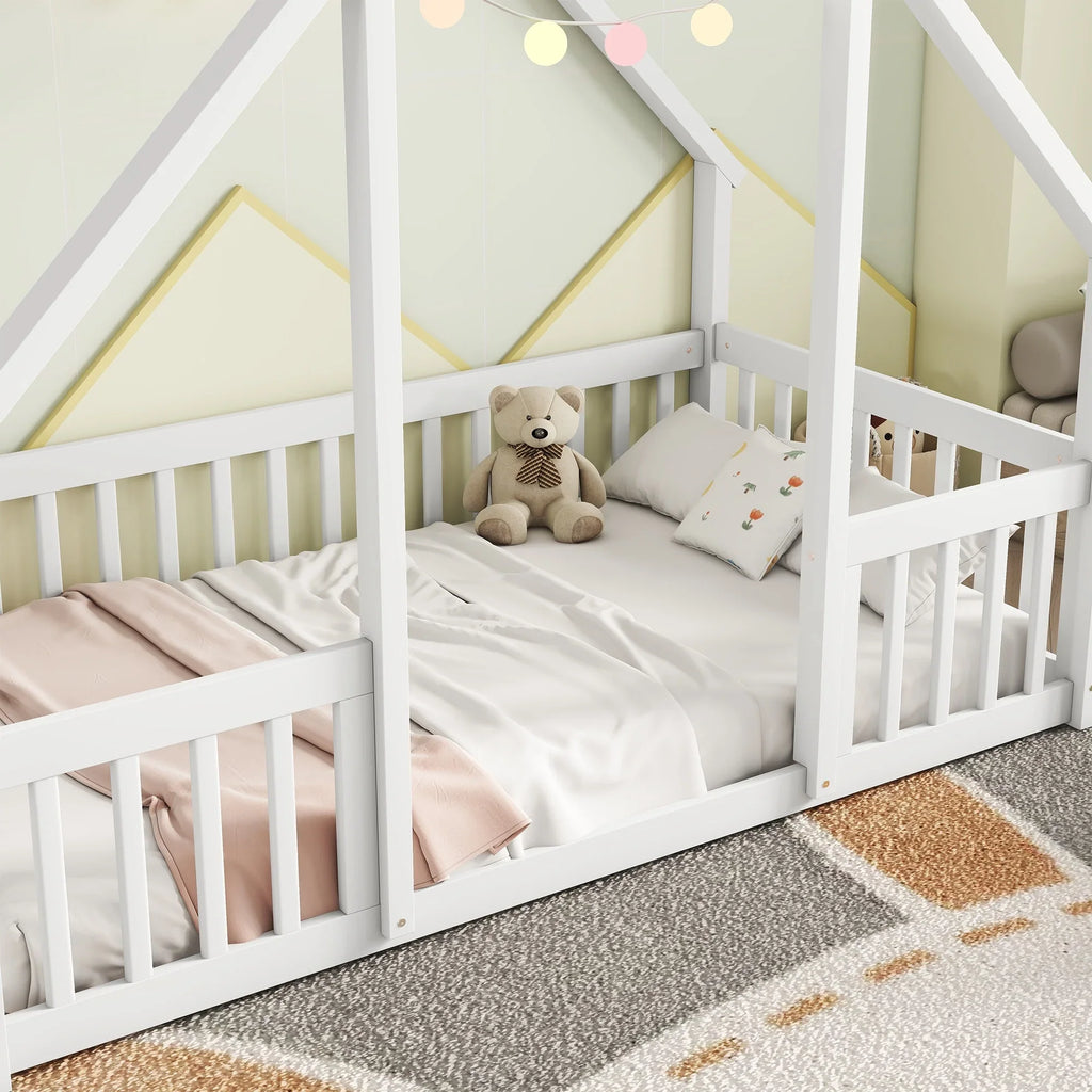Bellemave Twin Size Floor Bed Frame, Wooden House Bed Twin Size with Fence, Montessori Bed with Guardrails for Bedroom (White)