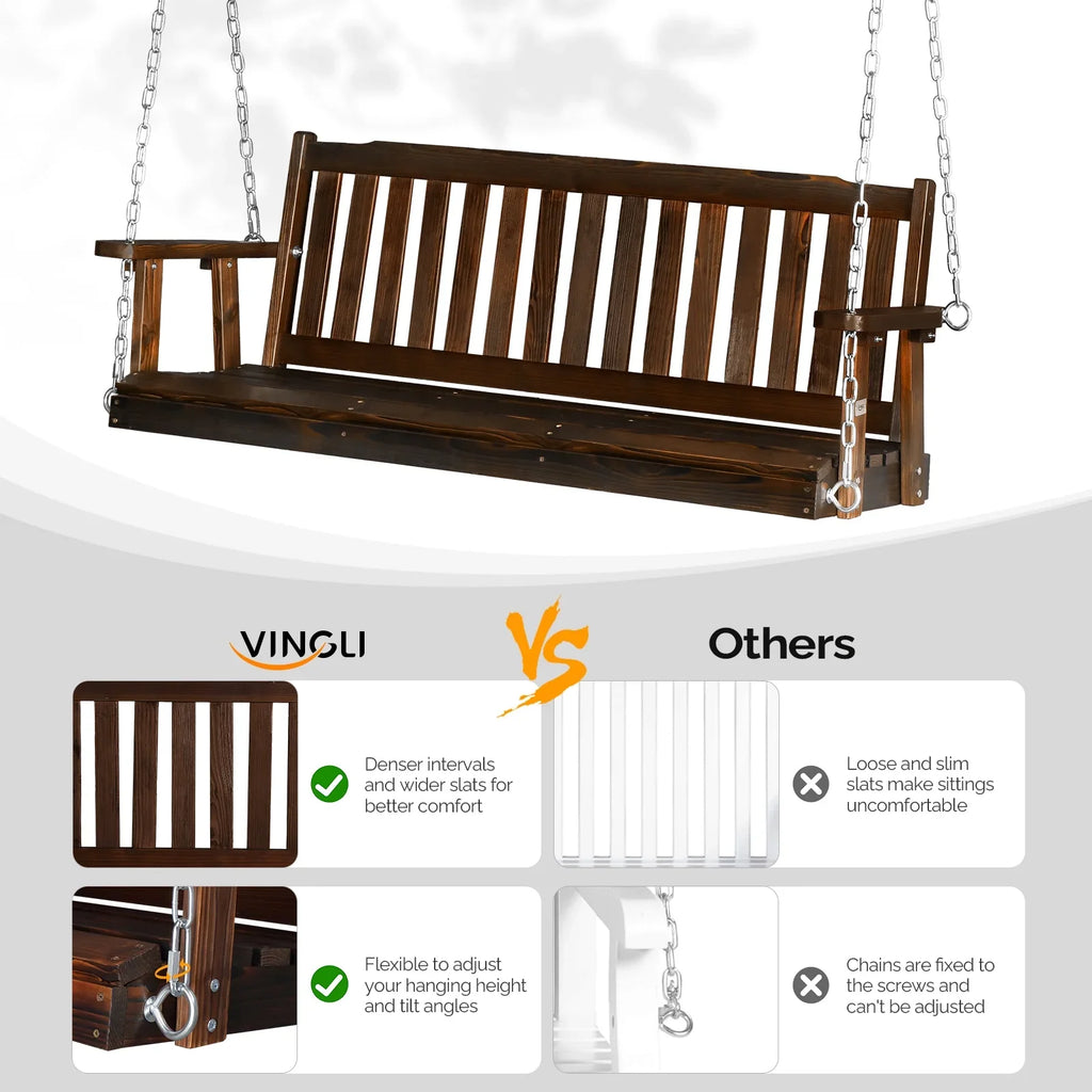 VINGLI Heavy Duty 880 LBS 4 FT Patio Wooden Porch Swing with Upgraded Adjustable Chains, Rustic
