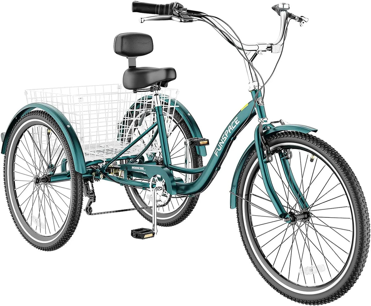 MOONCOOL Adult Tricycles with Rear Basket & Inflator, 24 26 inch 7 Speed 3 Wheel Bikes, Three-Wheeled Bicycles Adult Trike with Backrest for Seniors, Women, Men