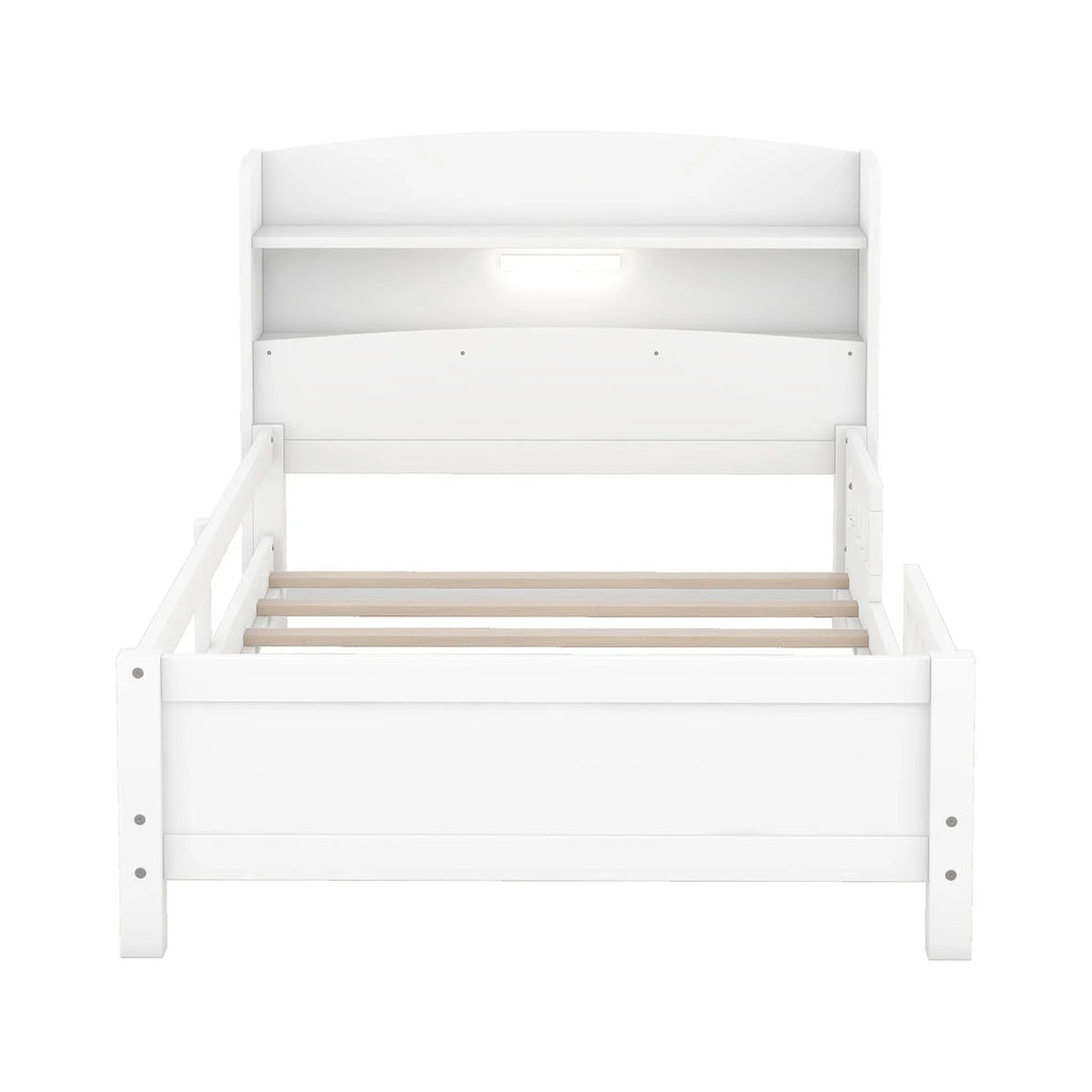 Euroco Wood Twin Size Platform Bed with Storage Headboard, Shelves and LED Light for Kids, Gray