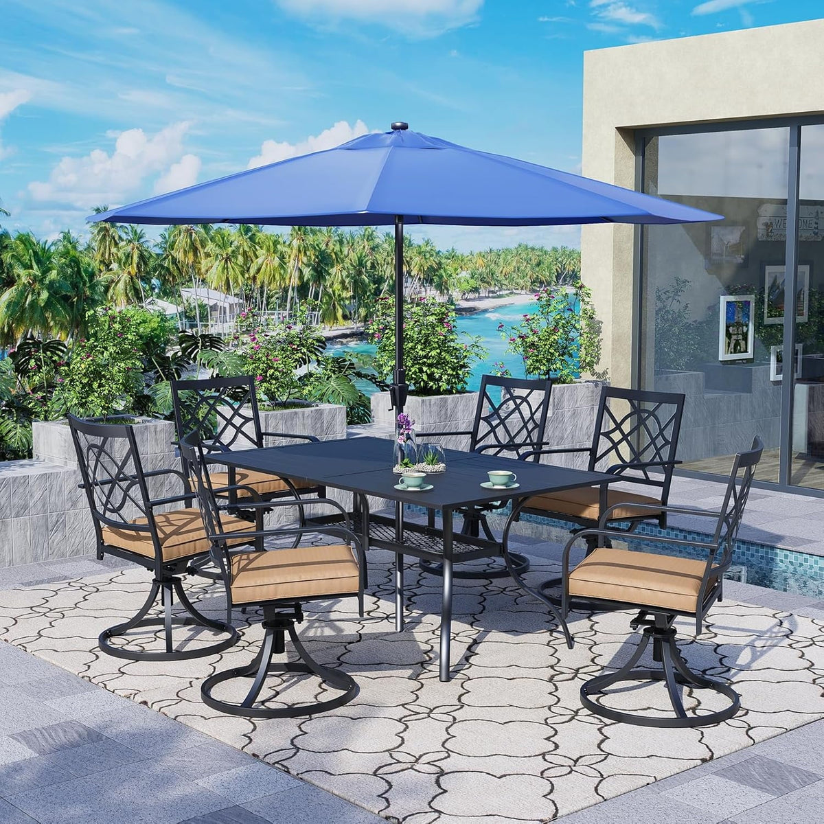 SUNCROWN 5-Piece Outdoor Wrought Iron Chairs and Table Patio Dining Furniture Set - 4 Stackable Metal Chairs, 1 Steel Slat Bistro Table and 1 Sky Blue 9Ft Patio Umbrella for Garden Backyard Deck