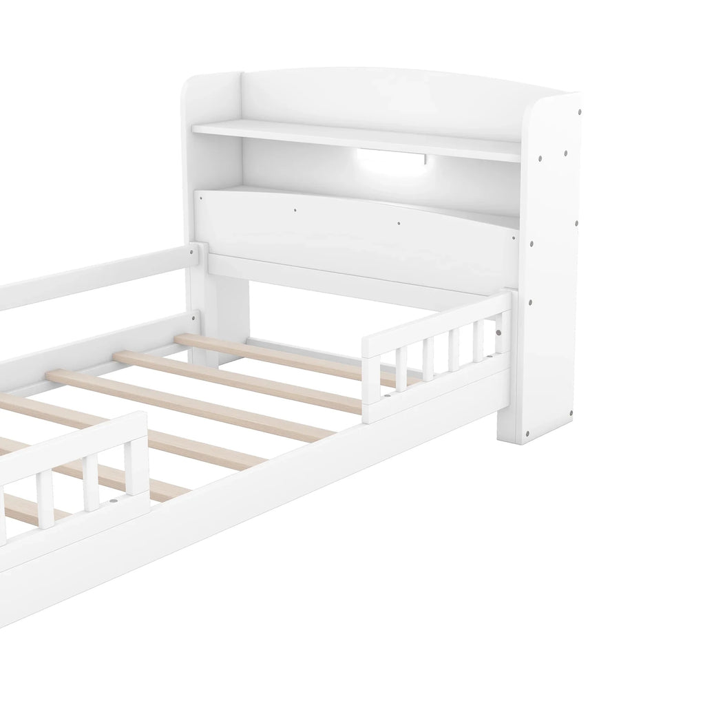 Euroco Wood Twin Size Platform Bed with Storage Headboard, Shelves and LED Light for Kids, Gray