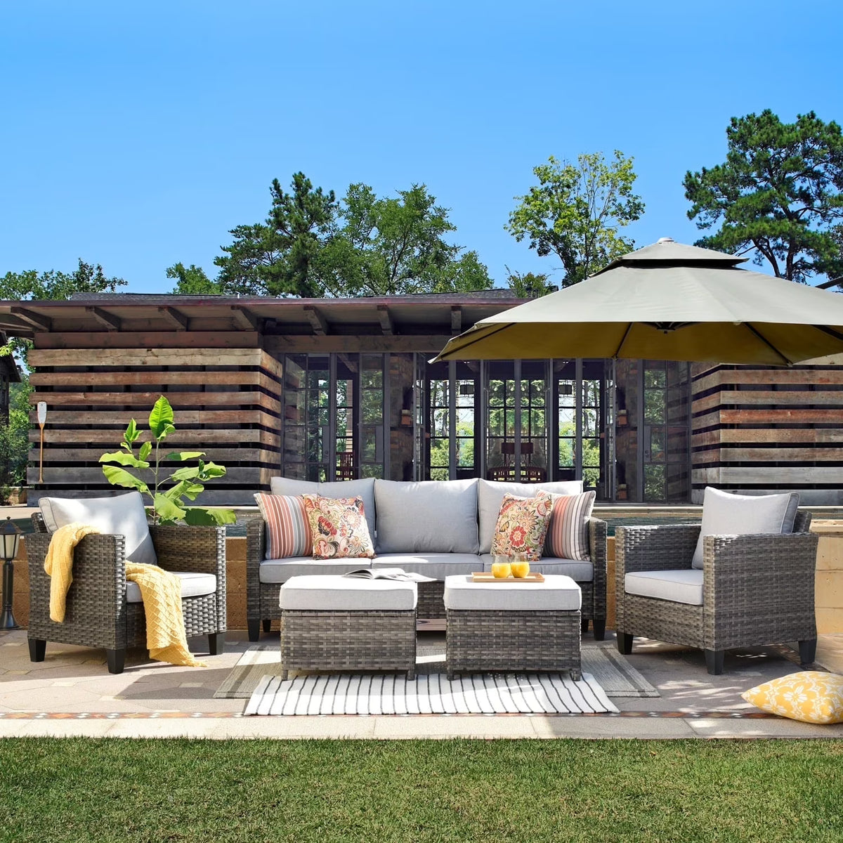 Ovios 5 Pieces Outdoor Patio Furniture Set Wicker Rattan Outdoor Conversation Comfortable Sectional Sofa with Steel Frame, Grey
