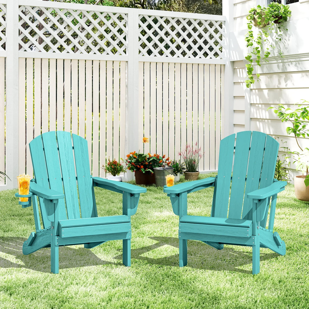 SERWALL Outdoor Adjustable Folding HDPE Adirondack Chairs Set of 2 with Cup Holder, Gray