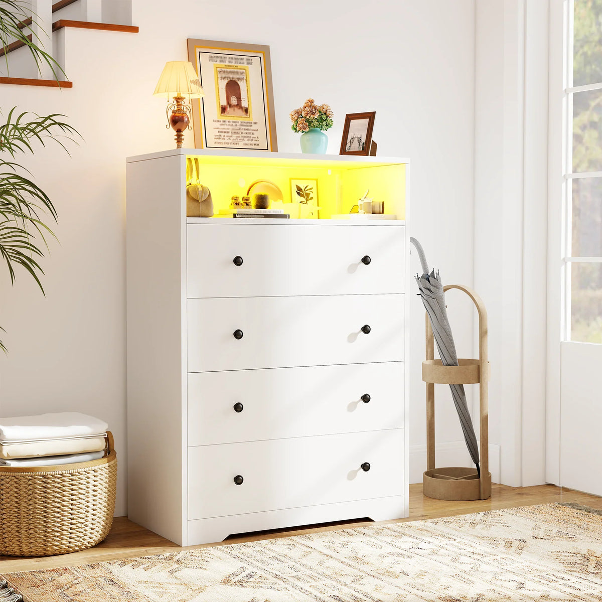 4-Drawer Black Wood Dresser with LED Lights,Modern Chest of Drawers for Bedroom,Living Room