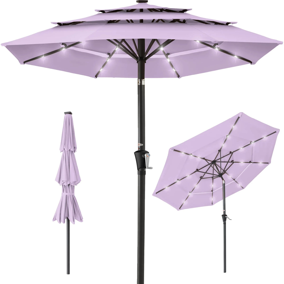 Best Choice Products 10ft 3-Tier Solar Patio Umbrella w/ 24 LED Lights, Tilt Adjustment, Easy Crank - Tan