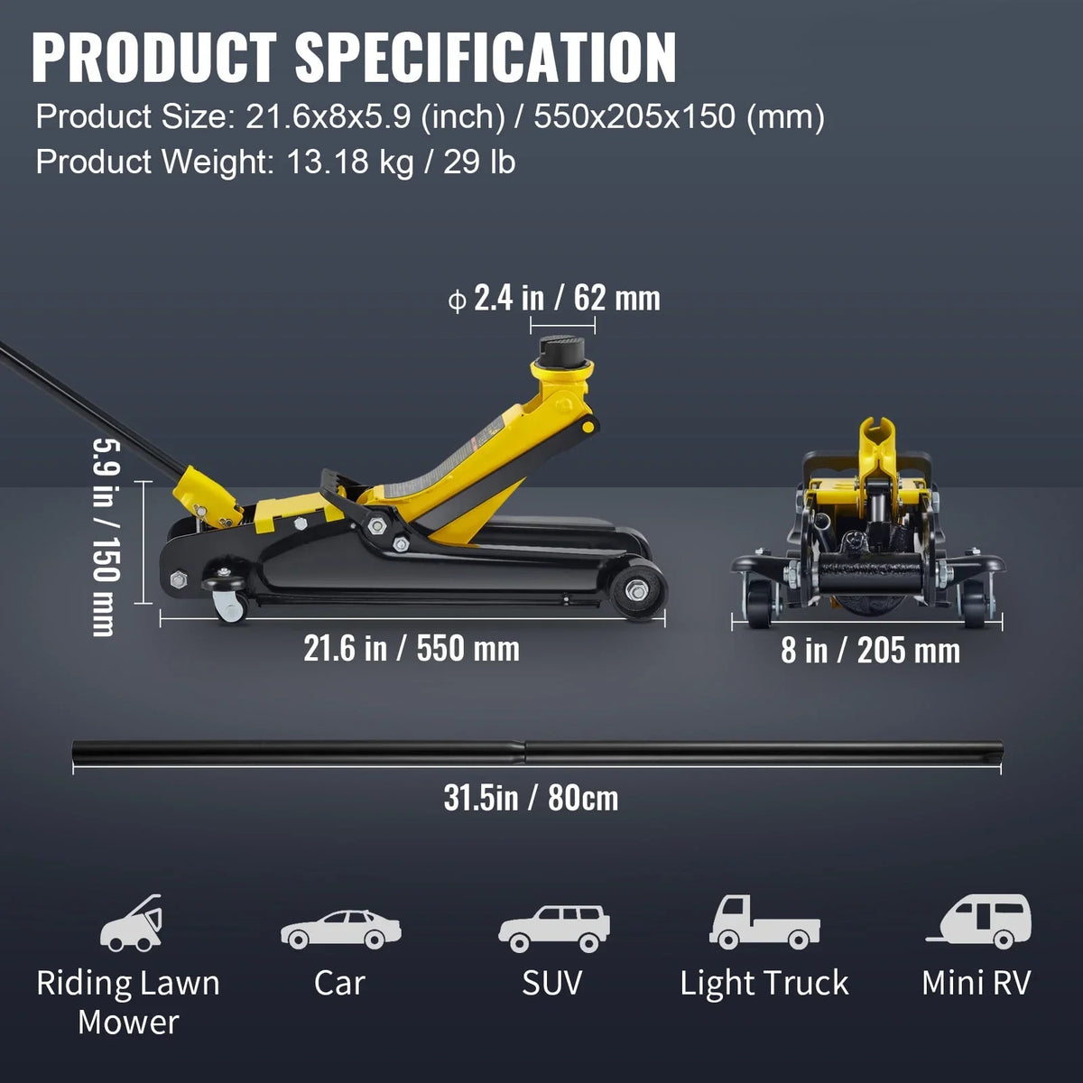 KFFKFF Low Profile Floor Jack,2.5 Ton(5500 lbs) Slim Profile, Durable Steel Racing Lift with Single Piston Pump, Range 3.35"-14.96""Black+Yellow