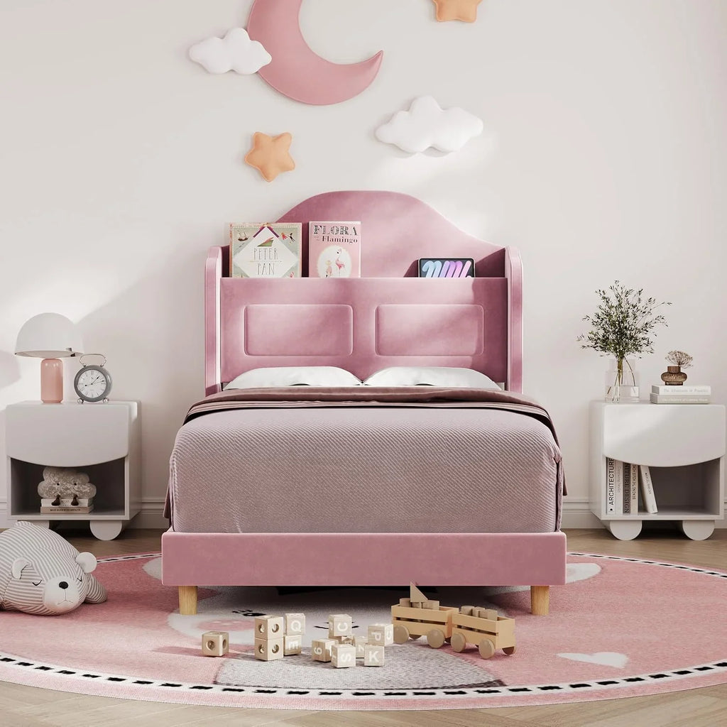BouPower Twin Size Bed Frame with LED Lights,Platform Bed with Wing Back Storage Headboard,Upholstered Twin Bed,No Box Spring Needed,Easy Assembly