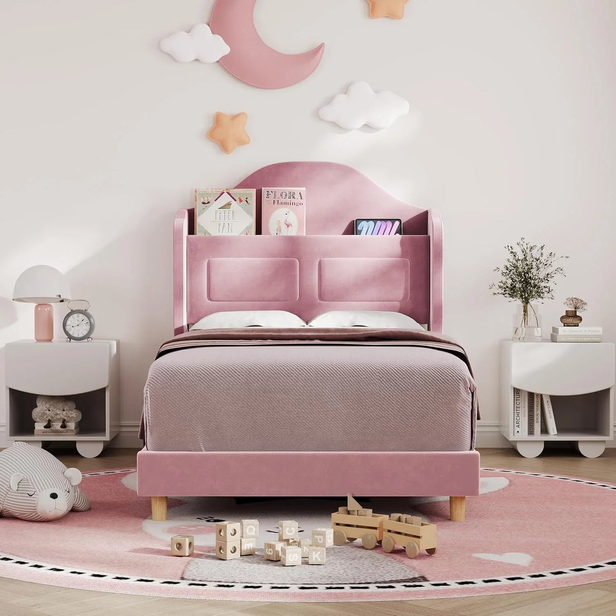 BouPower Twin Size Bed Frame with LED Lights,Platform Bed with Wing Back Storage Headboard,Upholstered Twin Bed,No Box Spring Needed,Easy Assembly