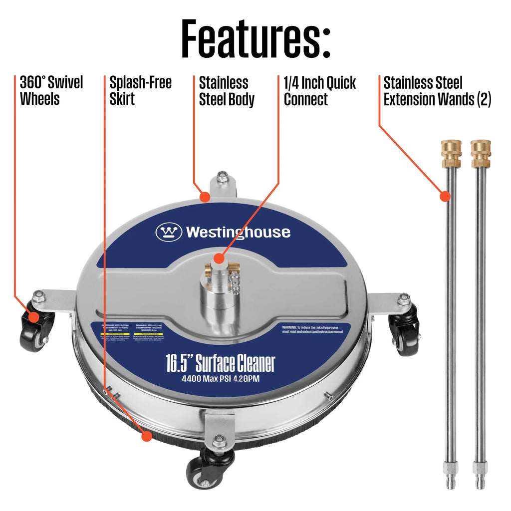 Westinghouse 16.5-inch 4400 PSI Stainless Steel Surface Cleaner for Pressure Washers, 1/4" Quick-Connect
