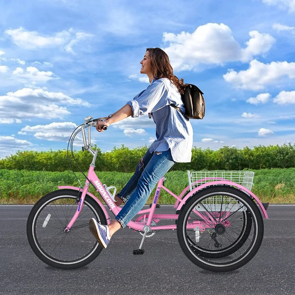 MOONCOOL Adult Tricycles with Rear Basket & Inflator, 24 26 inch 7 Speed 3 Wheel Bikes, Three-Wheeled Bicycles Adult Trike with Backrest for Seniors, Women, Men