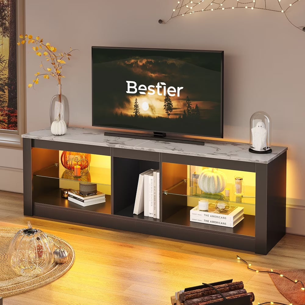 Bestier Entertainment Center with LED Lights TV Stand Media Console Table for TVs up to 60" in Light Grey
