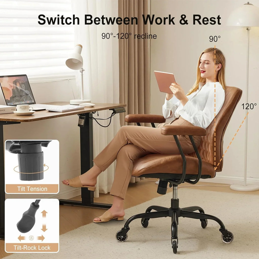 QW Home Office Desk Chair Office Rubber Casters Ergonomic Computer Chair with Lumbar Support Adjustable Height Rolling Swivel Executive Task Armrests Chair. Brown Leather