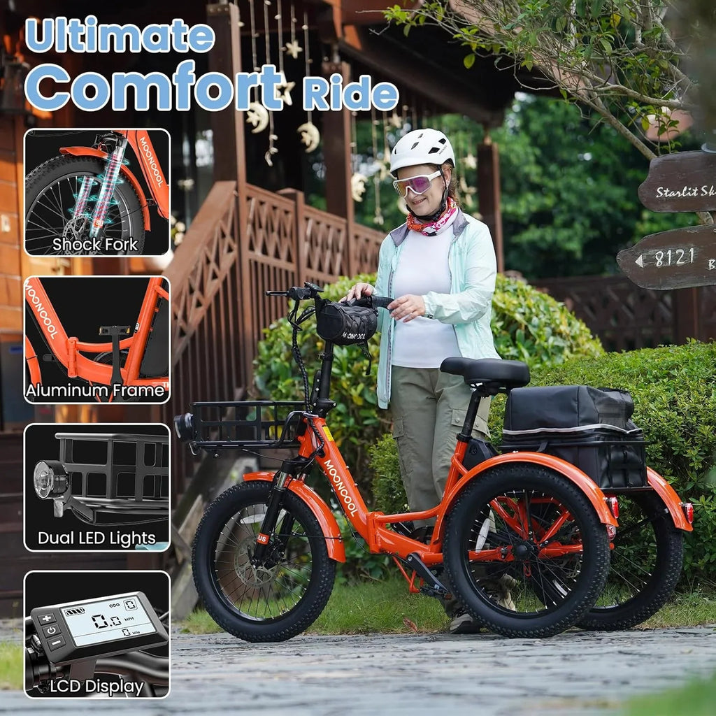 MOONCOOL TK1 Folding Electric Tricycle for Adults,48V 14.5Ah Removable battery, 500W"Peak 1000w"Motor, 20" Fat Tire Step-Thru 3Wheel Electric Bicycle w/Front&Rear Baskets, Certified to UL 2849 by SGS