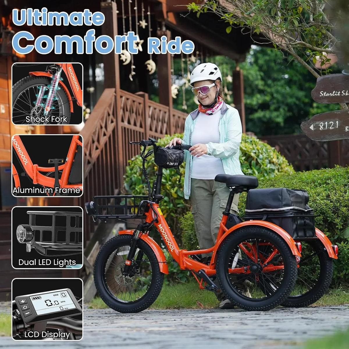 MOONCOOL TK1 Folding Electric Tricycle for Adults,48V 14.5Ah Removable battery, 500W"Peak 1000w"Motor, 20" Fat Tire Step-Thru 3Wheel Electric Bicycle w/Front&Rear Baskets, Certified to UL 2849 by SGS