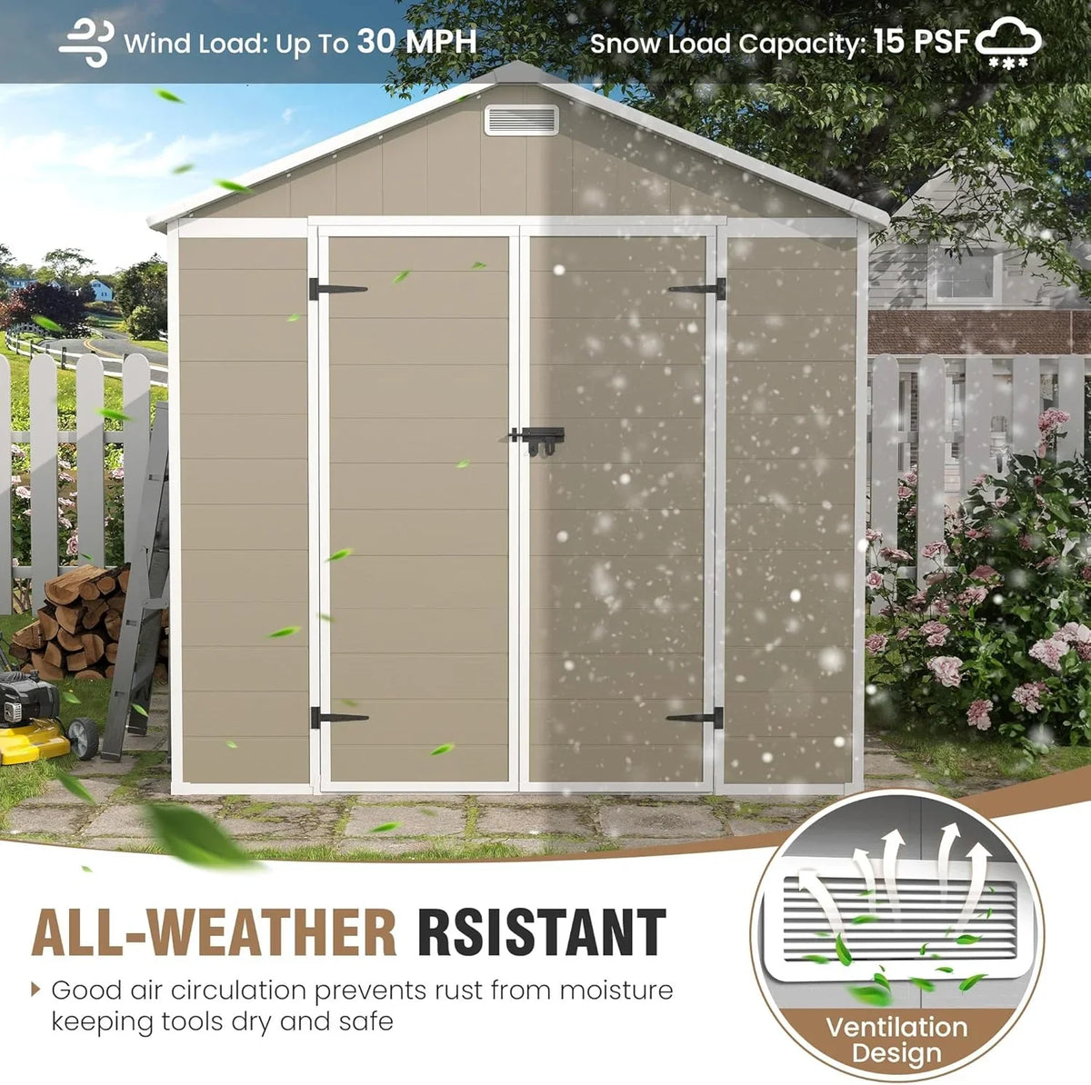 ELPOSUN Outdoor Storage Shed 6x4.5 ft, Resin Outside Sheds & Outdoor Storage Plastic for Trash Can, Bike, Lawnmower, Generator, Tool Shed with Lockable Door for Backyard, Lawn, Patio, Grey & White