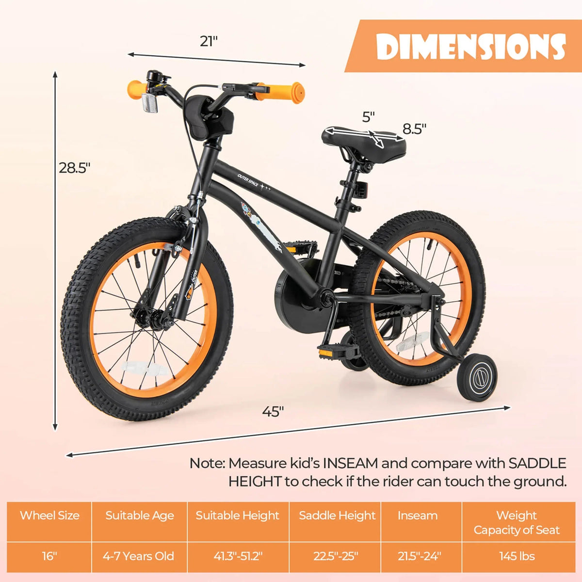 Costway 16-Inch Kid’s Bike for 4-7 Years Old with Adjustable Saddle & Anti-slip Handlebar Black