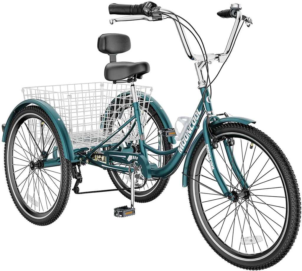 MOONCOOL Adult Tricycles with Rear Basket & Inflator, 24 26 inch 7 Speed 3 Wheel Bikes, Three-Wheeled Bicycles Adult Trike with Backrest for Seniors, Women, Men