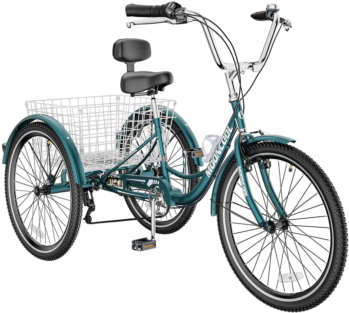 MOONCOOL Adult Tricycles with Rear Basket & Inflator, 24 26 inch 7 Speed 3 Wheel Bikes, Three-Wheeled Bicycles Adult Trike with Backrest for Seniors, Women, Men