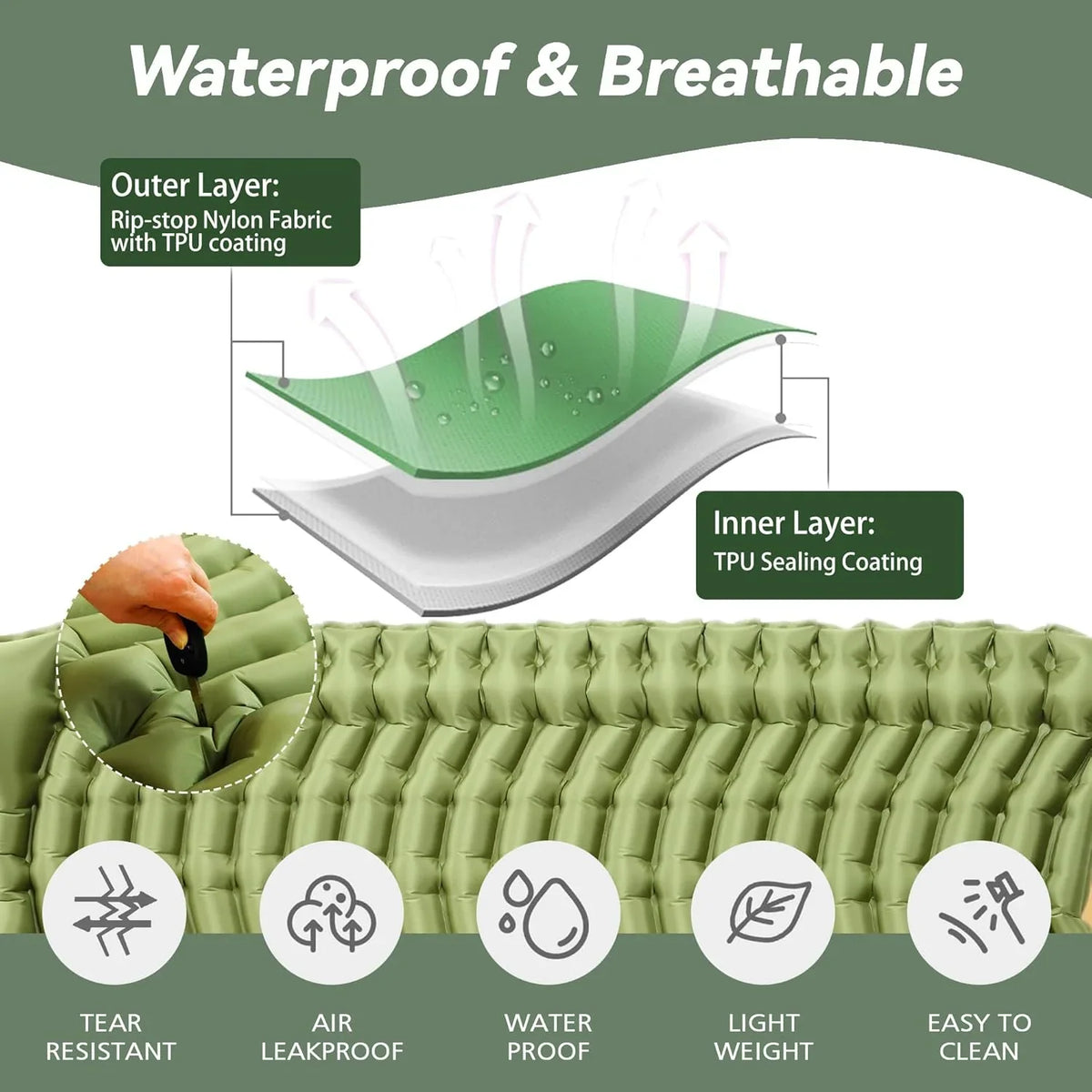 Double Sleeping Pad for Camping - 6" Ultra-Thick Camping Mattress with Pillow, Built-in Foot Pump, Compact 2-Person Portable Camping Mat for Backpacking, Hiking, Car Traveling, Beach, Tent
