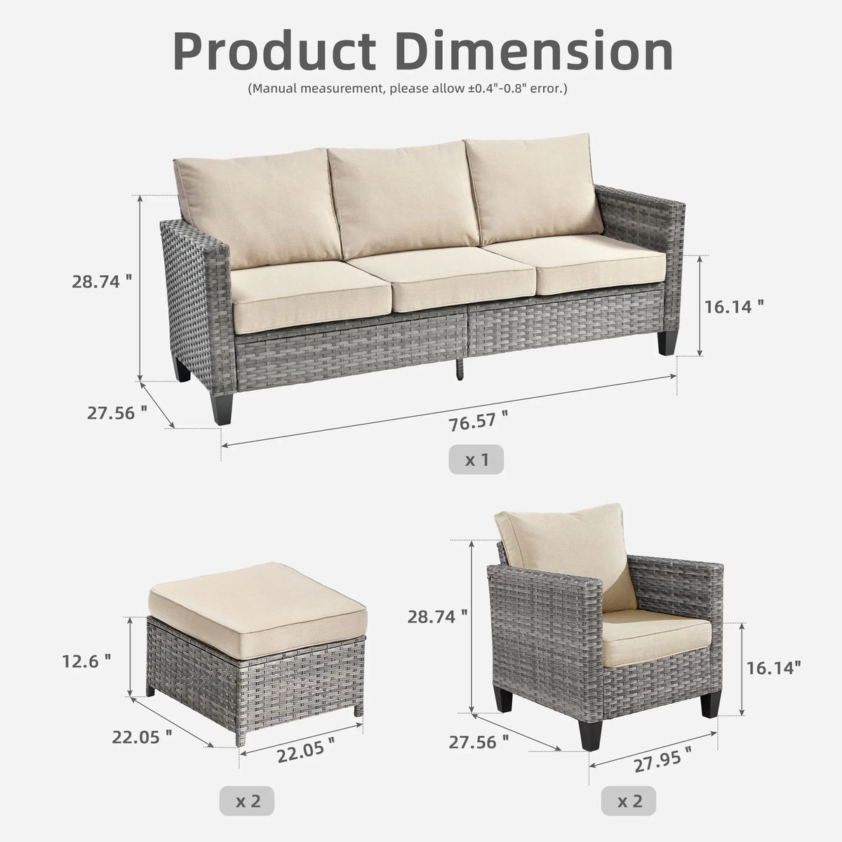 Ovios 5 Pieces Outdoor Patio Furniture Set Wicker Rattan Outdoor Conversation Comfortable Sectional Sofa with Steel Frame, Grey