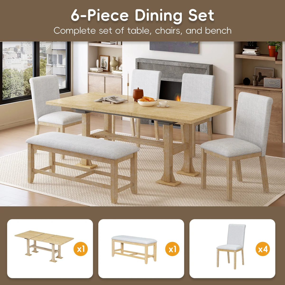 6 Piece Extendable Dining Table Set, Atumon Wood Dining Room Set for 6, Dining Table Set with 4 Cushioned Chairs and Bench, Farmhouse Dining Table Set Furniture for Kitchen Dining Room, Dark Brown