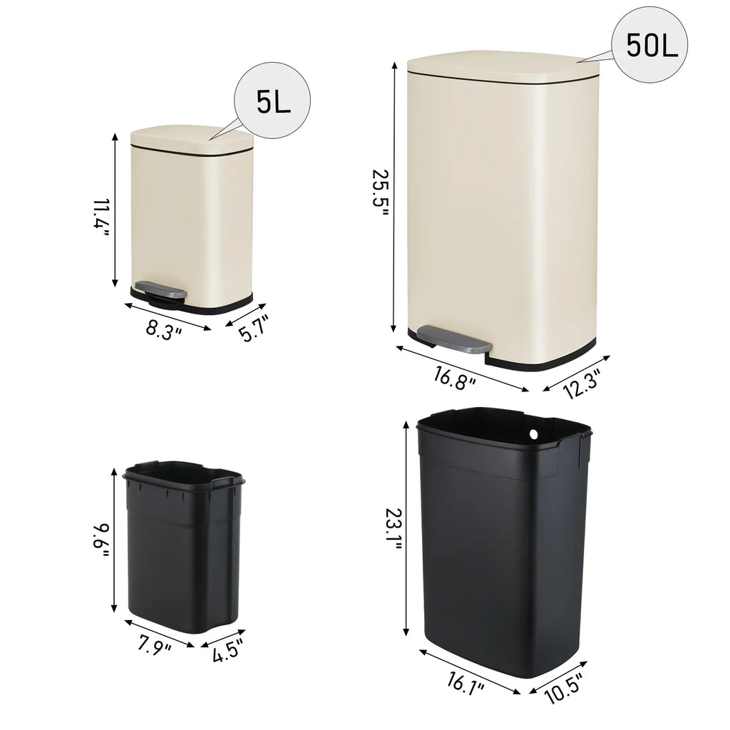LAZY BUDDY 13.2 Gallon Stainless Steel Kitchen Trash Can with 1.3 Gallon Mini Trash Can, Rectangular Step Garbage Can with Lid