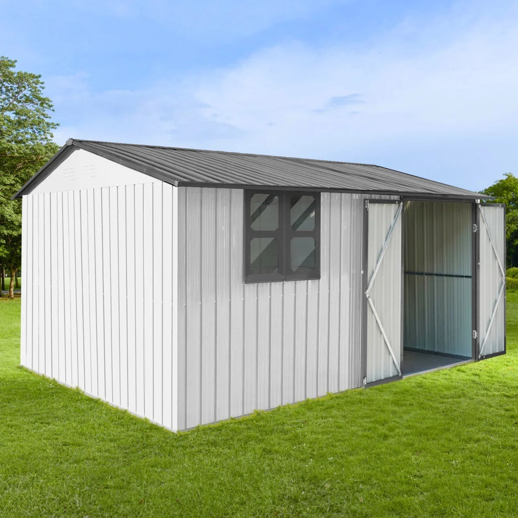 10x12 FT Outdoor Storage Shed, Metal Garden Tool Shed with Vents, Window and Bulit-in Hooks, Waterproof Organization for Home/Backyard/Garden Tools/Lawn Storage, Yellow+White