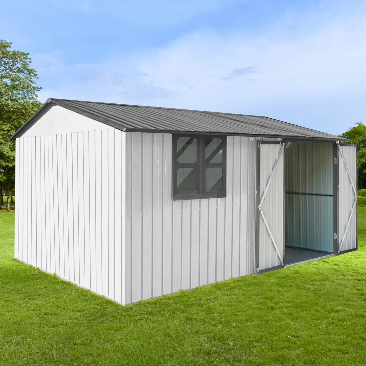 10x12 FT Outdoor Storage Shed, Metal Garden Tool Shed with Vents, Window and Bulit-in Hooks, Waterproof Organization for Home/Backyard/Garden Tools/Lawn Storage, Yellow+White