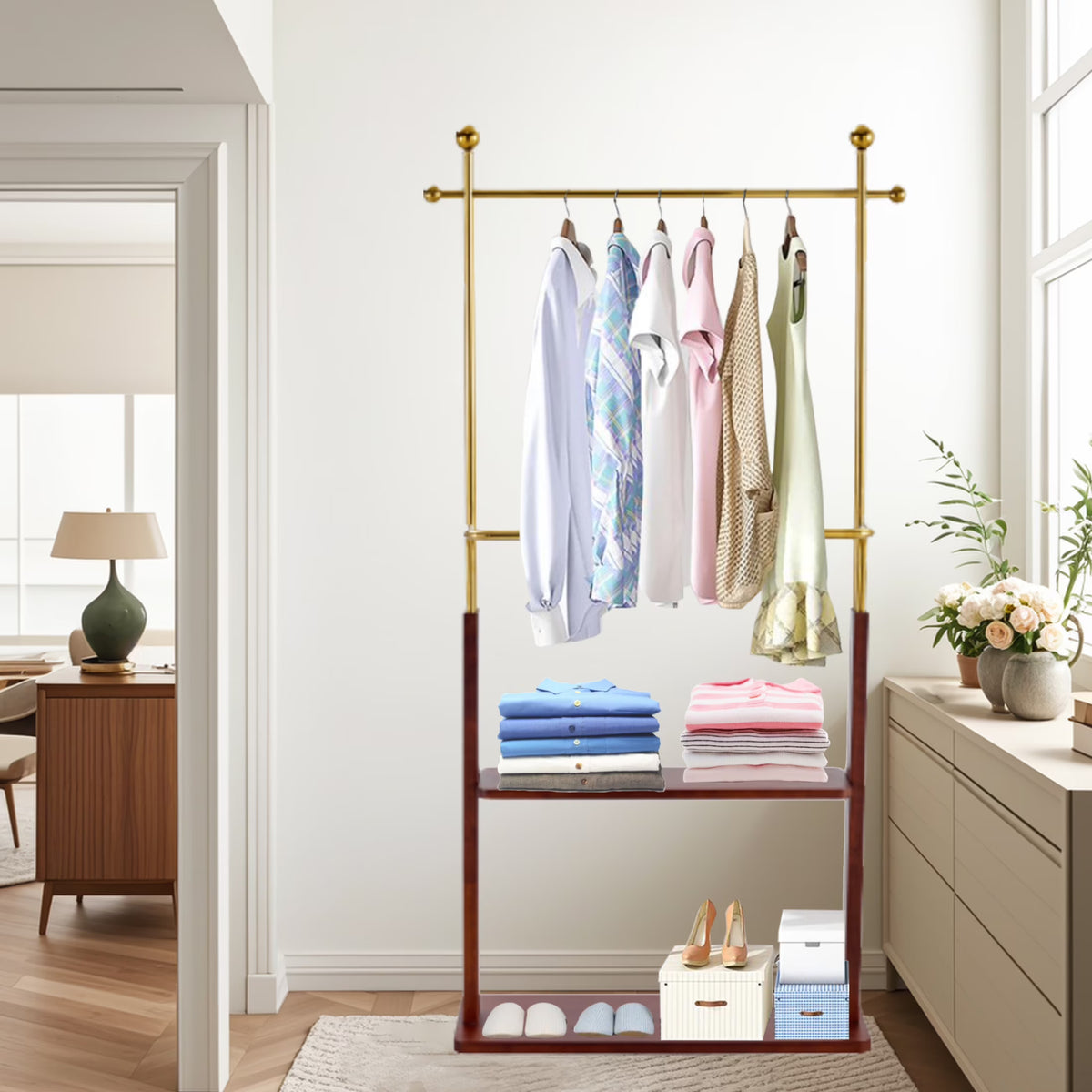 swing 73" Wooden Coat Rack Stand,Coat Racks Freestanding With 14 Hooks And Solid Round Base Heavy Duty Adjustable Height Hall Tree Coat Rack for Entryway Hallway Foyer Office Bedroomf