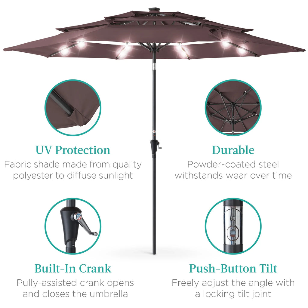 Best Choice Products 10ft 3-Tier Solar Patio Umbrella w/ 24 LED Lights, Tilt Adjustment, Easy Crank - Tan