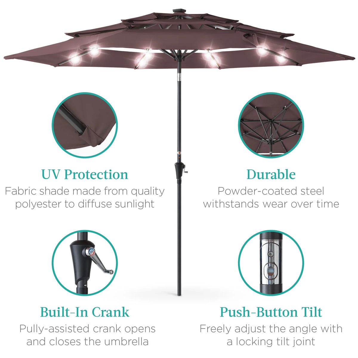 Best Choice Products 10ft 3-Tier Solar Patio Umbrella w/ 24 LED Lights, Tilt Adjustment, Easy Crank - Tan