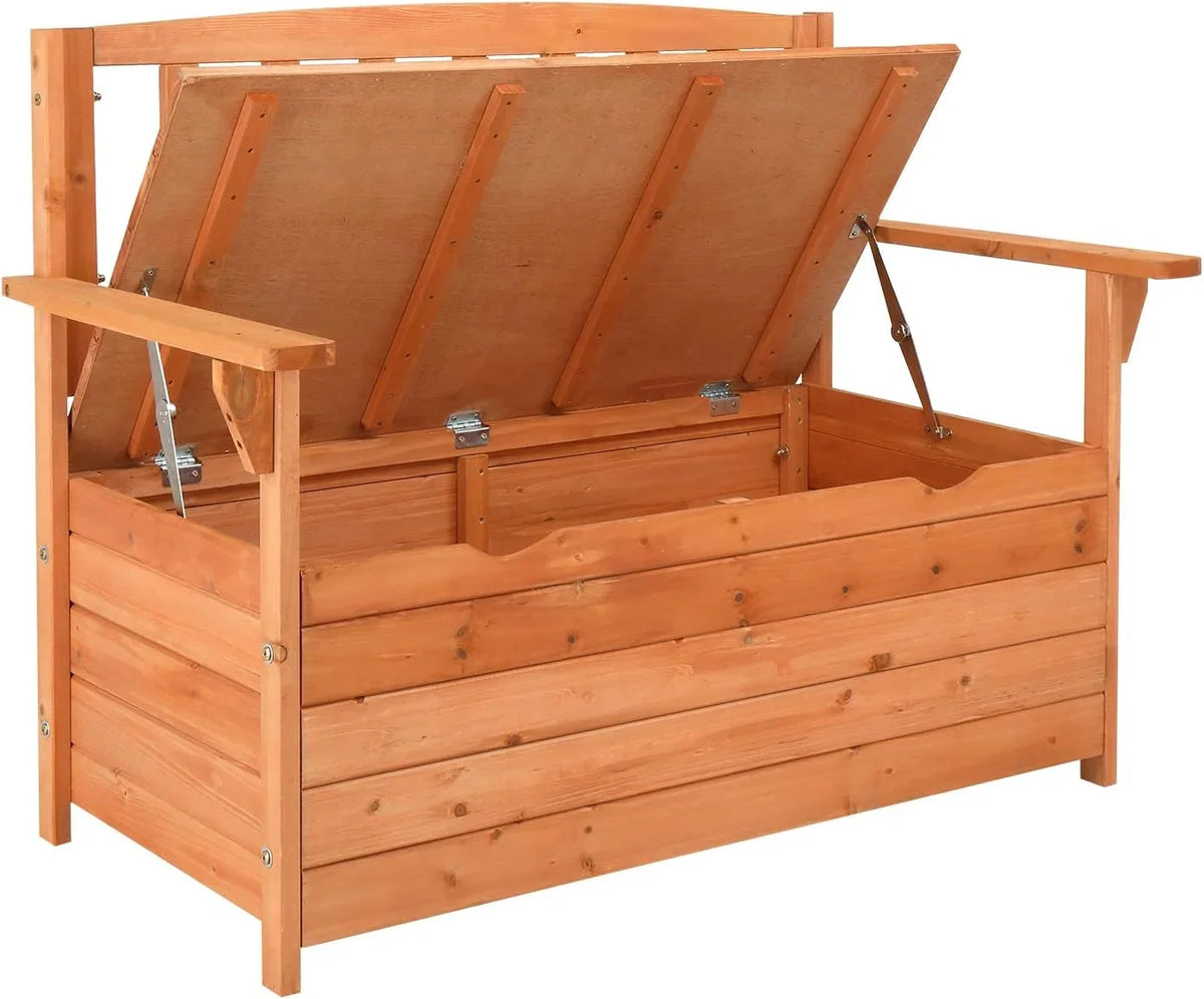 Outvita Outdoor Wood Storage Bench, Wooden Large Deck Box with Seating & Armrest, Waterproof Patio Organizer Loveseat for Garden Porch Deck Backyard Poolside, Natural