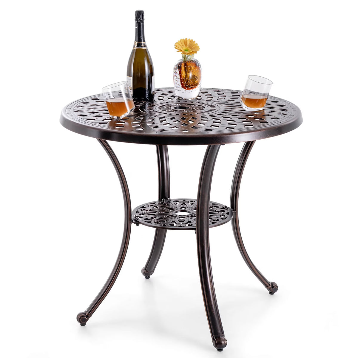 Gymax 31 Inch Diameter Round Table Patio Cast Aluminum Table w/ Umbrella Hol