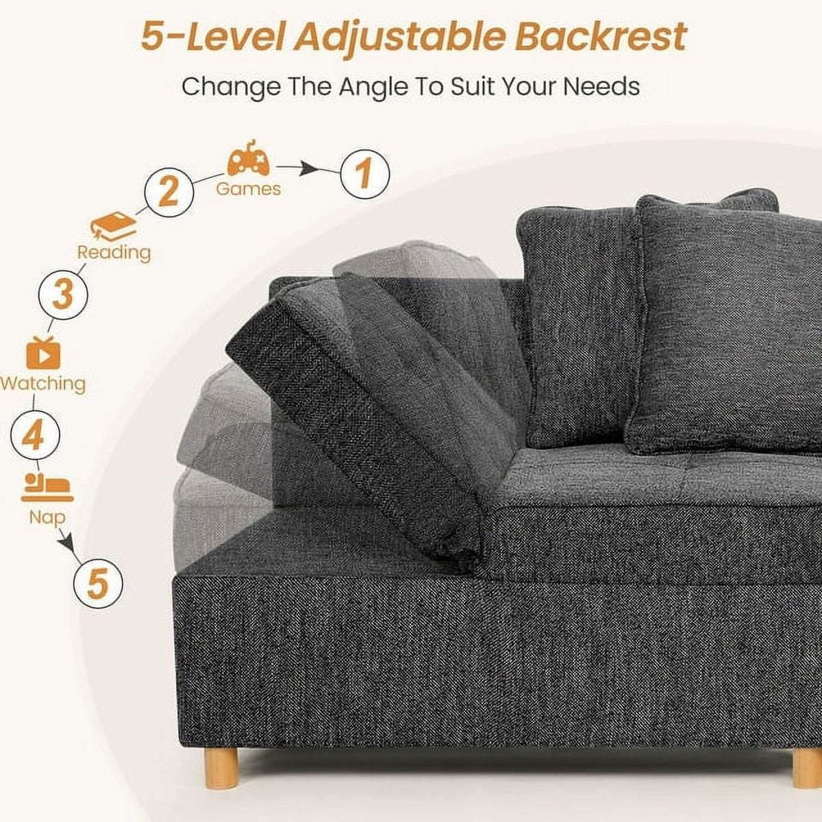 SEJOV 4-in-1 Convertible Sleeper Chair Bed, Linen Sofa Bed for Small Space, Futon Sofa with 2 Throw Pillows for Living Room, Single Recliner with 5 Adjustable Backrest for Bedroom Apartment, Brown