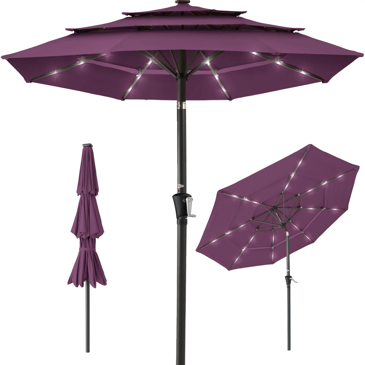 Best Choice Products 10ft 3-Tier Solar Patio Umbrella w/ 24 LED Lights, Tilt Adjustment, Easy Crank - Tan