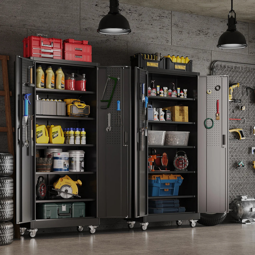 GangMei 71 inches Tall Metal Rolling Garage Storage Cabinets with Locking Doors and 5 Adjustable Shelves, Metal Storage Cabinet for Garage, Office, Home, Classroom, Assemble Required(Black)