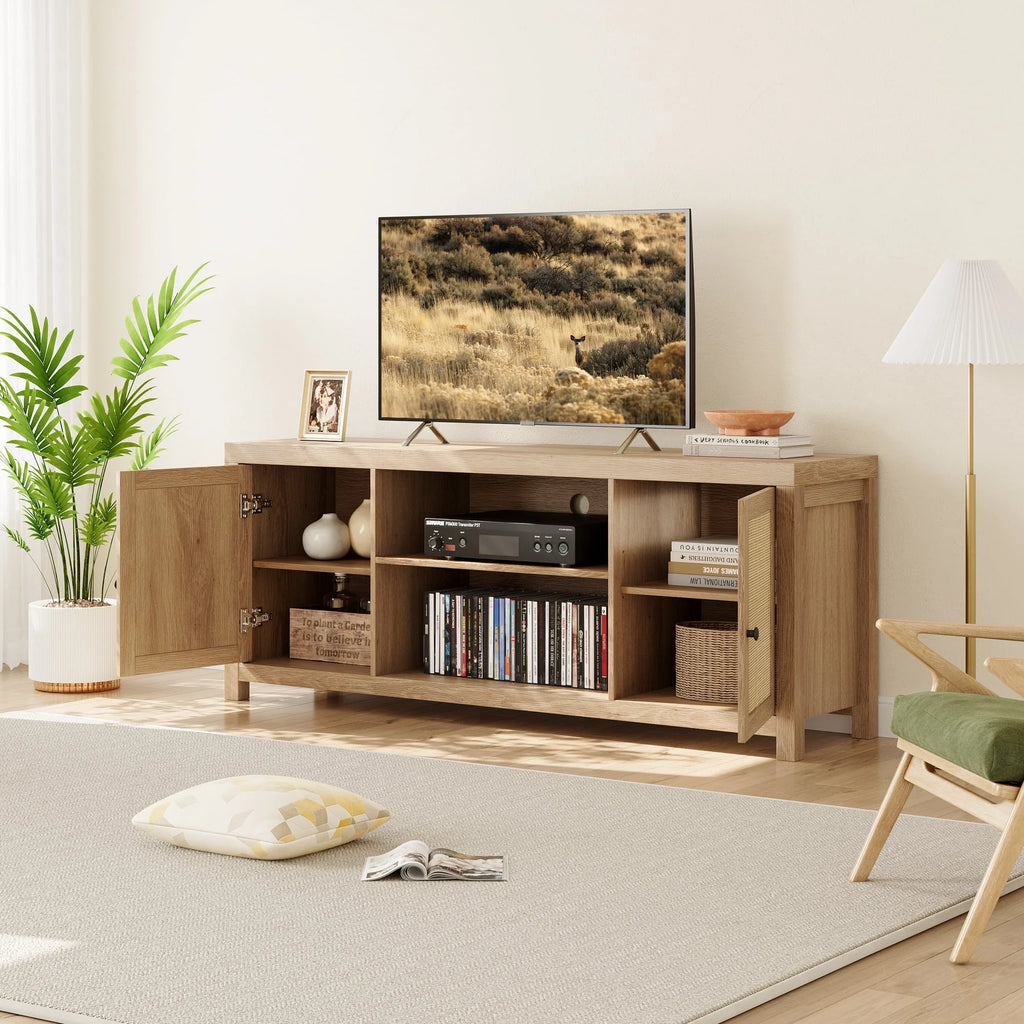 Rattan TV Stand for 65 Inch, Boho Entertainment Center with Storage and Doors, Wood TV & Media Console Under TV Cabinet Furniture for Living Room