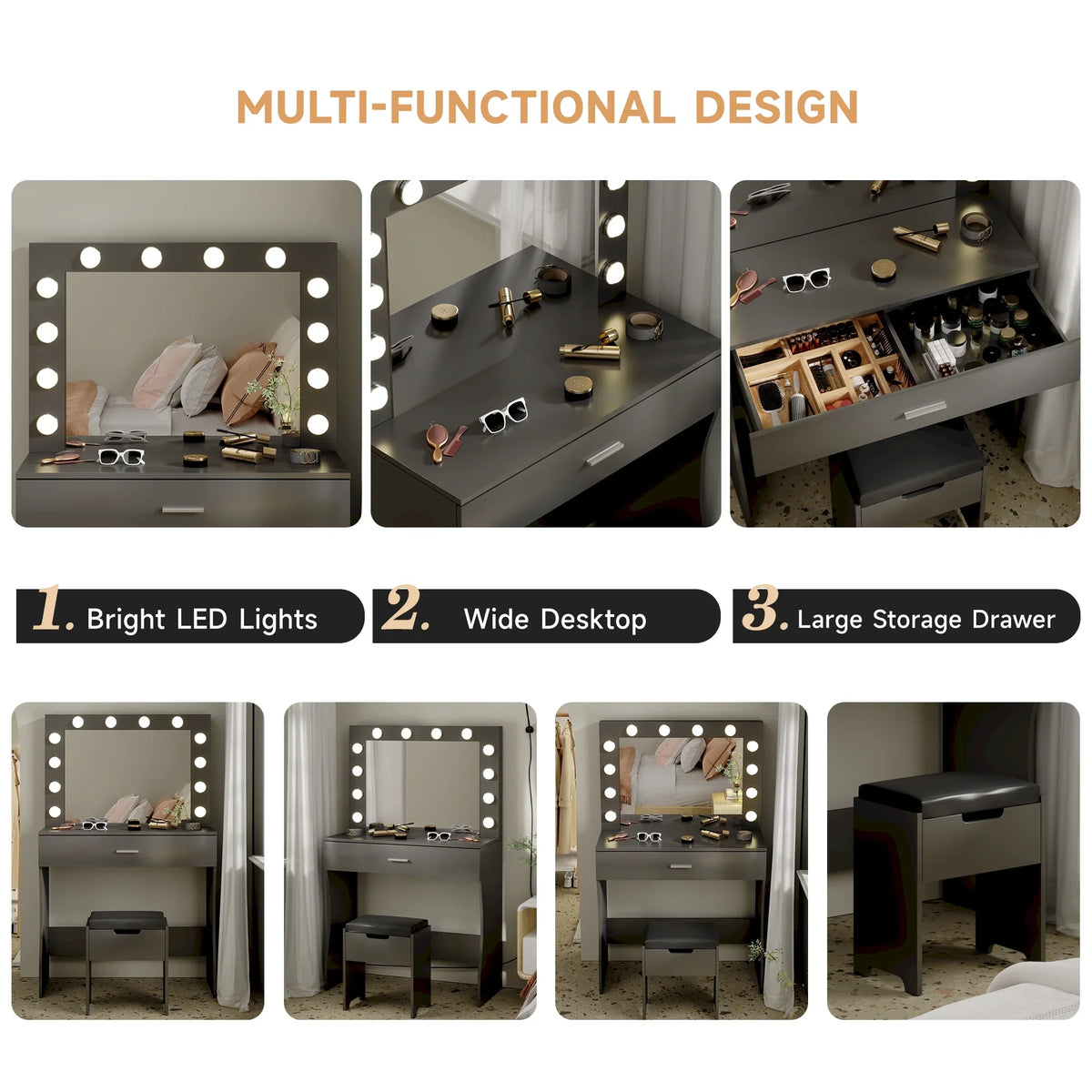 Vanity Table Set with Lighted Mirror,Makeup Vanity with Lights, Large Drawer Sturdy Wood Vanity, White