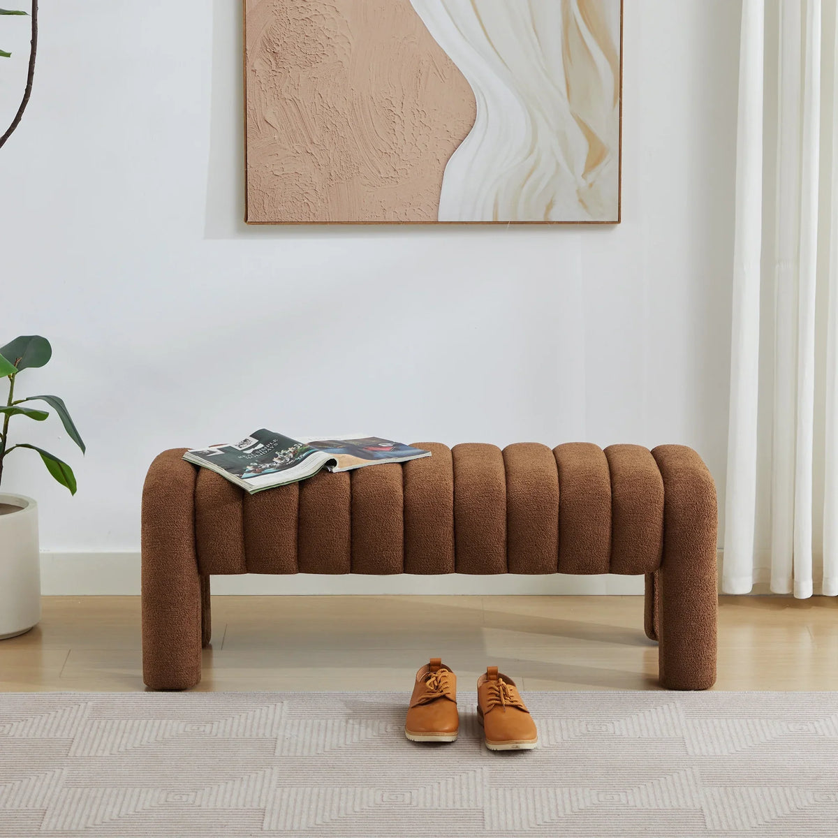 Zesthouse 63" End of Bed Bench, Linen Tufted Upholstered Ottoman Bench with Padded Seat and Solid Wood Leg, Modern Entryway Bench for Bedroom, Living Room, Beige