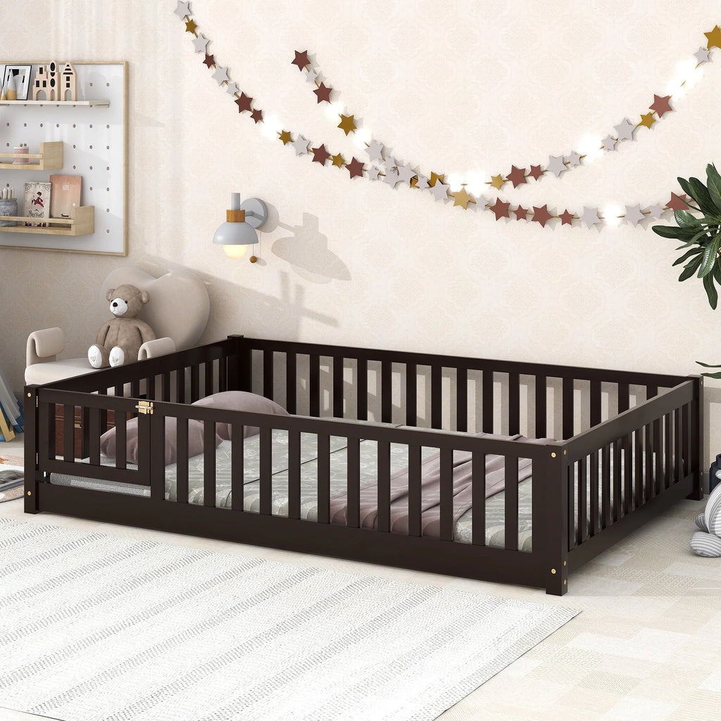 PAPROOS Twin Size Floor Bed, Solid Wood Toddler Bed with Slat, Fence Guardrail and Door, No Box Spring Needed, Montessori Bed, Twin Bed for Kids, Boys, Girls, Gray